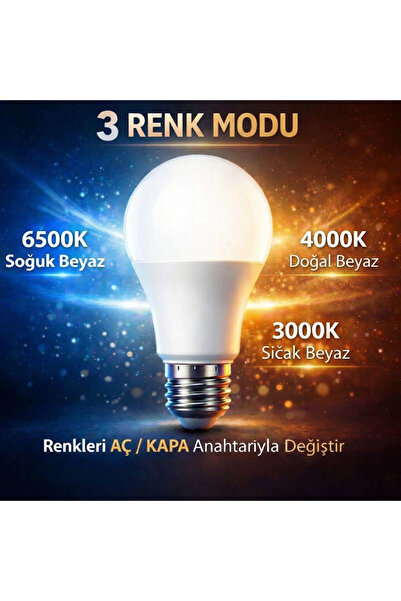 CONANA 3 Farklı Renk Modlu 9W E27 Led Ampul 3000K - 4000K - 6500K (1 Adet)