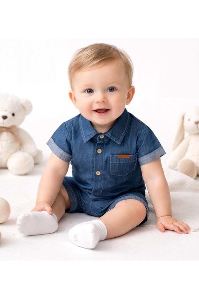 Jolly Joy Pocket Detail Baby Boy Short Denim Overalls Navy Blue