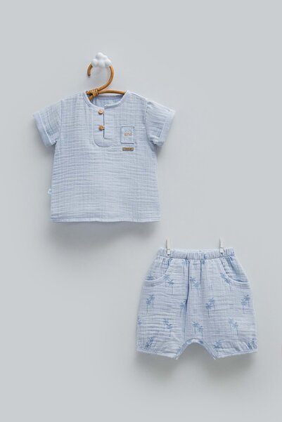 Caramell FREE BOY YARIM PAT DÜĞMELİ MÜSLİN ALT ÜST TAKIM Mavi