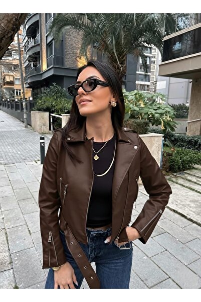 MEECY Дамско кафяво кожено яке