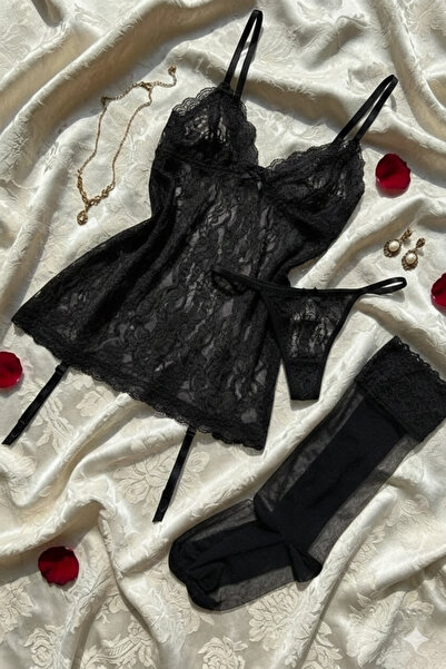 ZENCHES Babydoll transparent din dantelă neagră brodată pentru femei