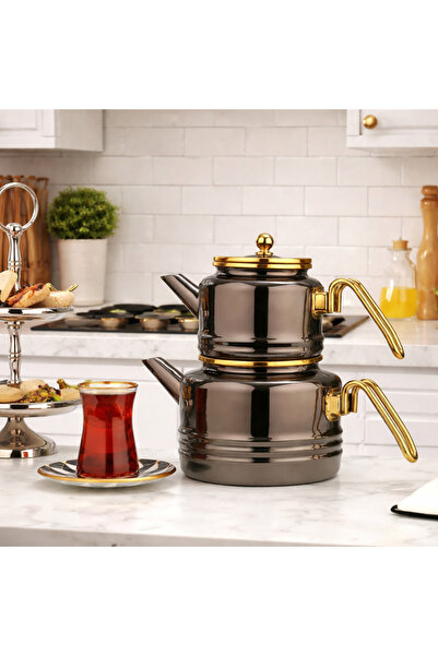 ALEV EMAYE Emaye Kordonlu Heybeli Model Çaydanlık Takımı -2Lİ ALT ÜST-