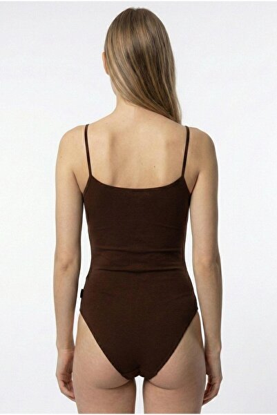 OBJE Women's Bitter Brown Cotton Strap Bodysuit with Snap Fasteners