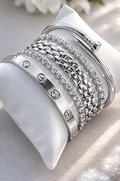 Crc Bijuteri سوار نسائي فضي اللون مكون من 5 قطع