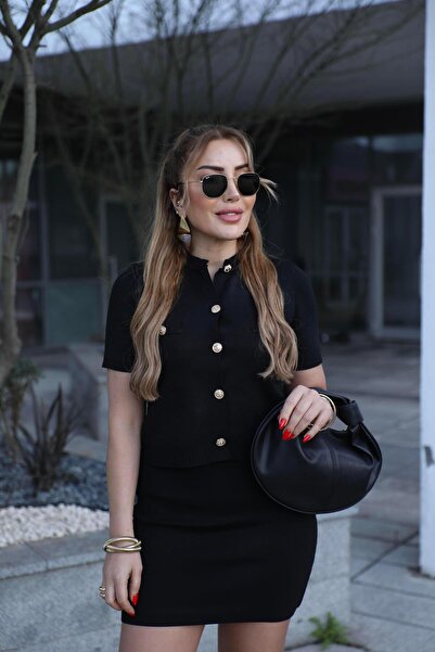 Perry Boutique Γυναικεία Μαύρη Φούστα με Λεπτομέρεια στα Κουμπιά και Σετ Ζακέτα