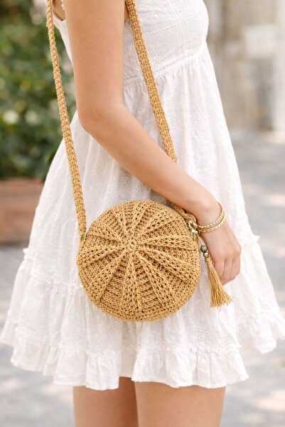 PİNKBAG 3 Boyutlu Hasır Bej Makaron Çanta