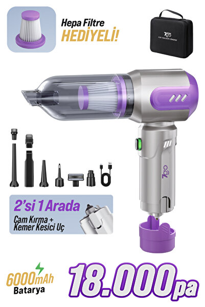 7GO AHV-14 2'si 1 Arada Kablosuz Araç İçi Süpürge Mor | 18000PA Güçlü Vakum +...