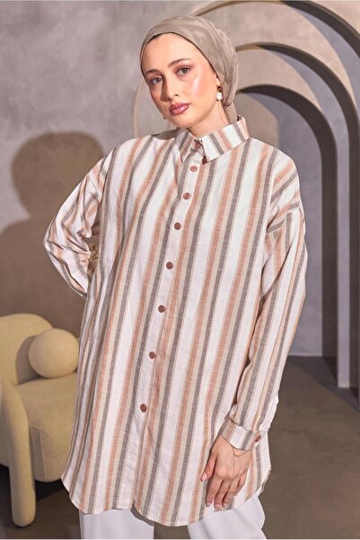 TRENDTESETTÜR KADIN BEJ ÇİZGİLİ GÖMLEK TUNİK T 8414