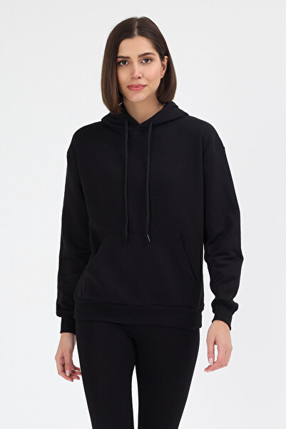 MEOSHE سويت شيرت أسود أساسي بغطاء رأس للسيدات بدون زخارف لا يكوّن وبر