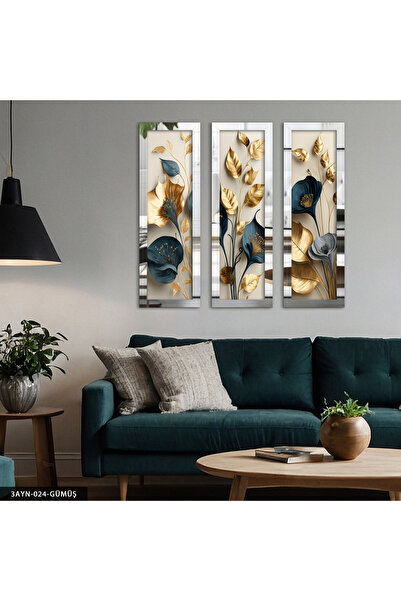 Evinemoda Zarif Altın ve Mavi Çiçekler ile Dallar Gümüş Pleksi Aynalı 3 Parça...