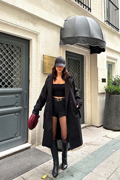 XXL BUTİK Жіночий чорний оверсайз широкий крій тканинний кашемірний пальто X-...