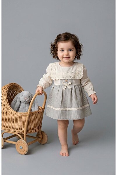Lumia Baby Naturel Kare Yakalı Gri Kız Bebek Elbise