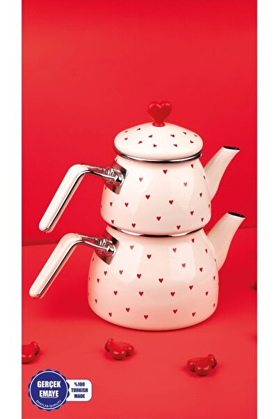 EMAYlab Cupid Kalp Desenli Emaye Çaydanlık Takımı (Özel Zamak Tepeli)