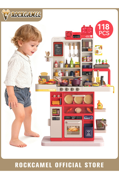 ROCKCAMEL مجموعة ألعاب مطبخ مكونة من 118 قطعة، ألعاب مطبخ بارتفاع 106 سم، لعب...