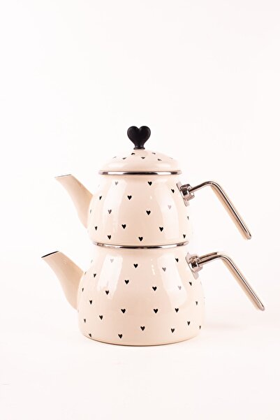 EMAYlab Black Cupid Kalp Desenli Emaye Çaydanlık Takımı (Özel Zamak Tepeli)