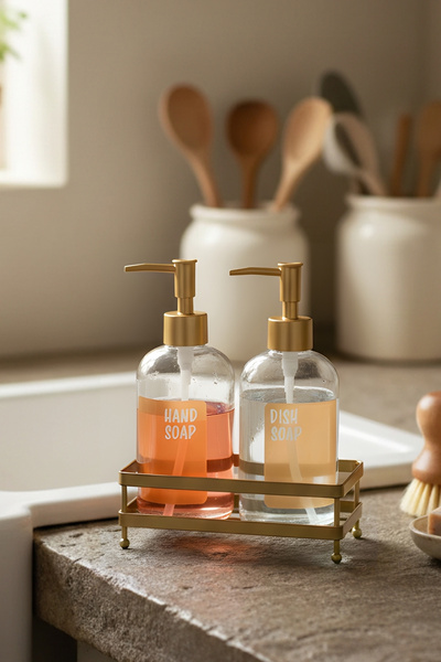 Rakle Set de 2 dozatoare de sapun lichid cu suport pătrat din metal Zen Gold ...