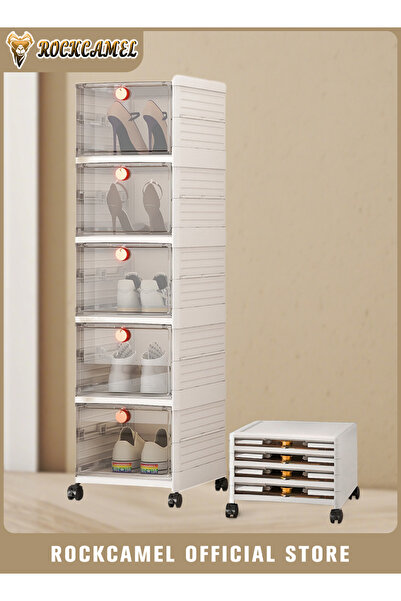 ROCKCAMEL صندوق تخزين أحذية قابل للطي، صندوق أحذية بلاستيكي شفاف بست طبقات، خ...