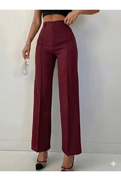 Kanonik Education Burgundy Color High Waist Masculine Cut Fabric Trousers