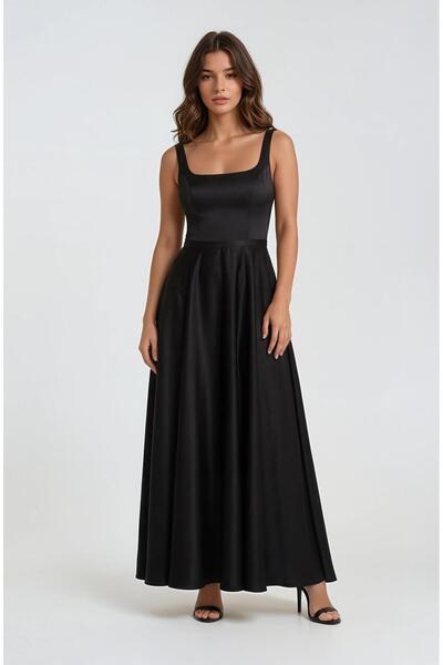 Spazio Saten Uzun Kare Yaka Sırt Bağcıklı Abiye Elbise SİYAH