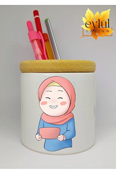 Eylül Design حامل قلم سيراميك مطبوع عليه صورة فتاة محجبة مع هدية عيد ميلاد بت...