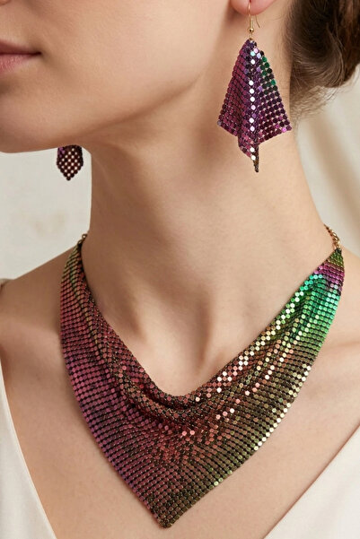 PETEK AKSESUAR ŞAL MODEL YANARDÖNER ZIRH METAL TASARIM KOLYE KÜPE SET