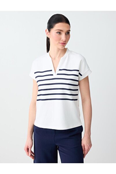 Jimmy Key Beyaz Çizgi Desenli V Yaka Kolsuz Örme Sweatshirt