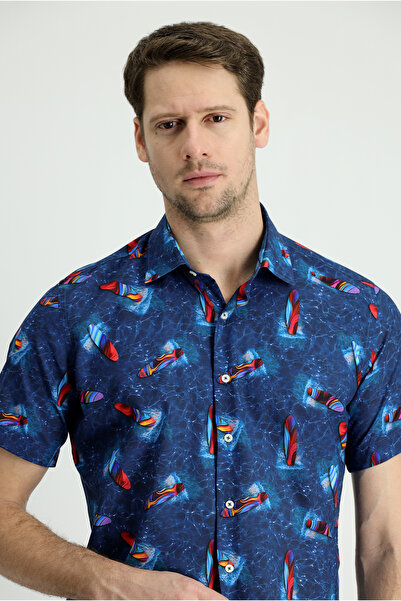 Kiğılı Kısa Kol Slim Fit Dar Kesim Baskılı Pamuk Gömlek