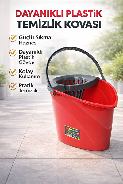 Fanatik Smart Klasik Mop Temizlik Kovası Sıkma Hazneli 14 LT - Kırmızı Renk