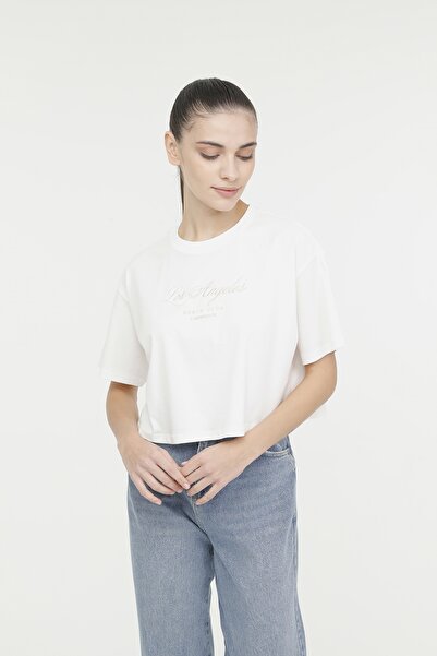 lumberjack Game Kadın Ekru Yuvarlak Yaka Tişört