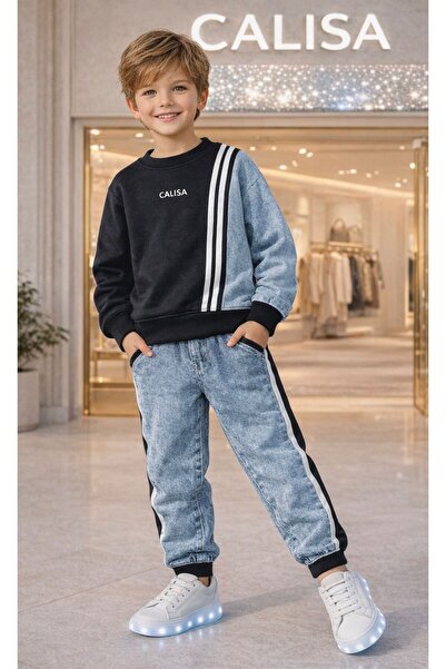 CALİSA طقم للأولاد مكون من قطعتين |   سويت شيرت وبنطلون بتفاصيل من الدنيم |  ...