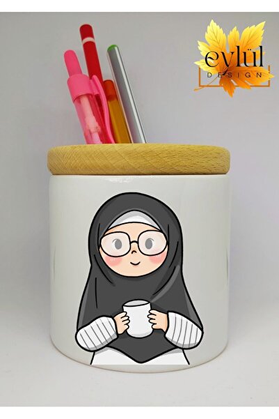 Eylül Design حامل قلم سيراميك مطبوع عليه صورة فتاة محجبة مع هدية عيد ميلاد بت...