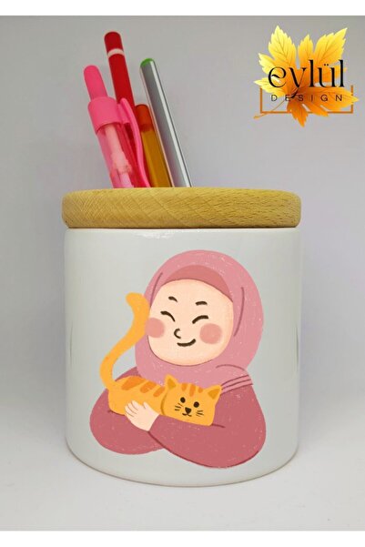 Eylül Design حامل قلم سيراميك مطبوع عليه صورة فتاة محجبة مع هدية عيد ميلاد بت...