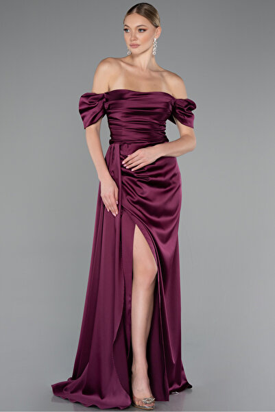Abiyefon Vişne Bacak Dekolteli Kayık Yaka Uzun Saten Abiye Elbise Abu1606