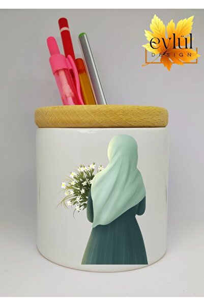 Eylül Design حامل قلم سيراميك مطبوع عليه صورة فتاة محجبة مع هدية عيد ميلاد بت...