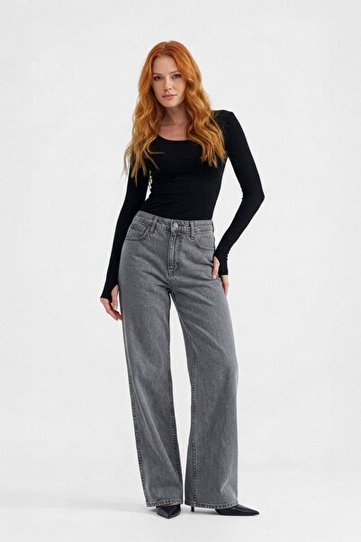 Bluewhite Ženske sive Visok struk široke džins hlače