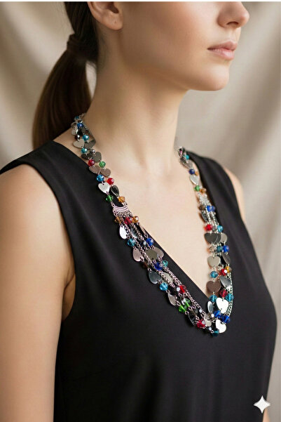 PETEK AKSESUAR UZUN KALP DETAYLI KRİSTAL KOLYE