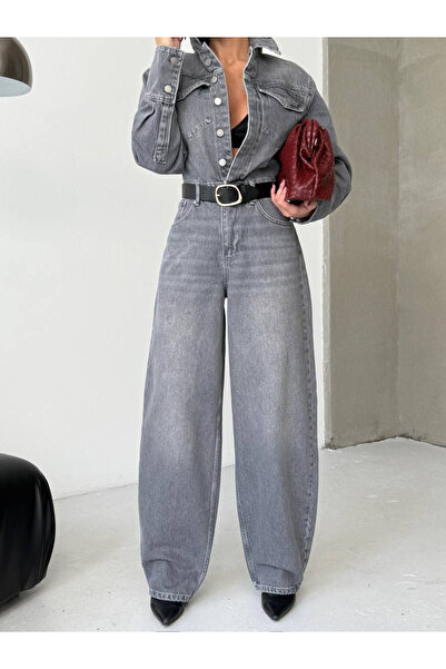 HerTon Gri Denim Geniş Paça Tulum