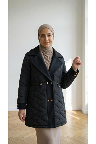 BENAHOLL Alva Düğmeleri Çıtçıtlı Beli Sıkmalı Kapitone Kısa Mont-EN2108 Siyah