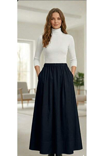 Dagü Design تنورة نسائية طويلة سوداء من قماش البوبلين