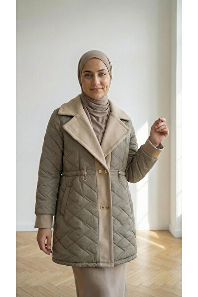 BENAHOLL Alva Düğmeleri Çıtçıtlı Beli Sıkmalı Kapitone Kısa Mont-EN2108 Vizon