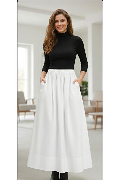 Dagü Design Women's Pocketed Poplin Flared Ecru Long Skirt