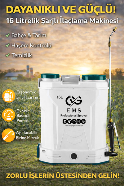 ÖVG EMS 16 Lt Şarjlı Akülü Professional Sırt Tipi İlaçlama Pompası Makinası (...