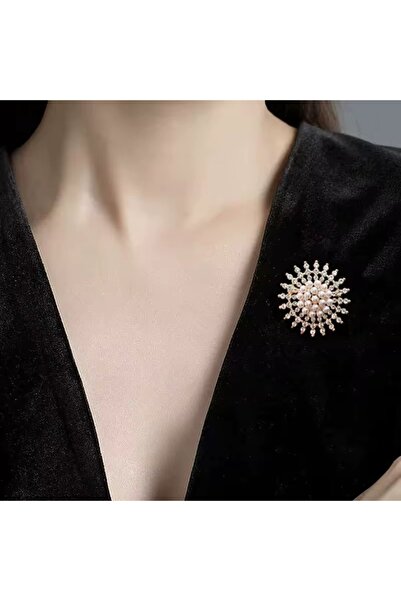 Siya Silver İncili Broş - Zirkon Taşlı Rose Renk