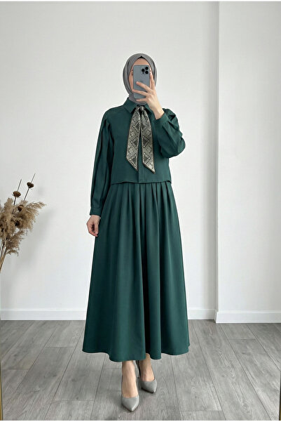 BENAHOLL Aybike Eteği Piliseli Gömleği Fularlı Takım-ŞA1158 Petrol Yeşili