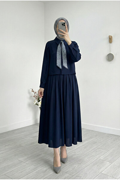 BENAHOLL Aybike Eteği Piliseli Gömleği Fularlı Takım-ŞA1158 Lacivert