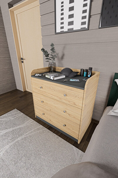 Mirobi Rurik Geniş 3 Çekmeceli Dekoratif Kullanışlı Şifonyer Atlantik Çam - A...