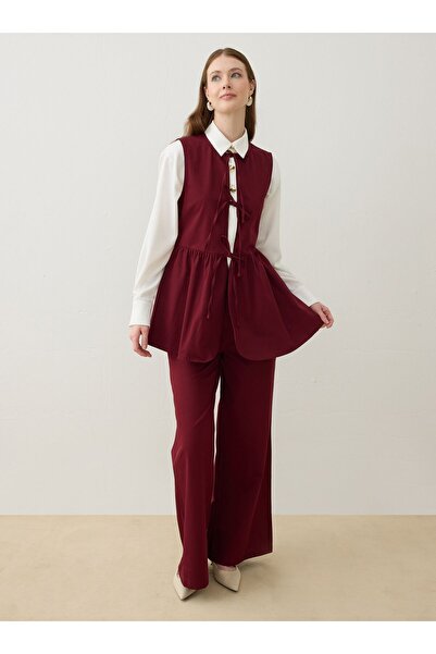 Refka Bağlama Detaylı Yelekli Pantolon Takım - Bordo -