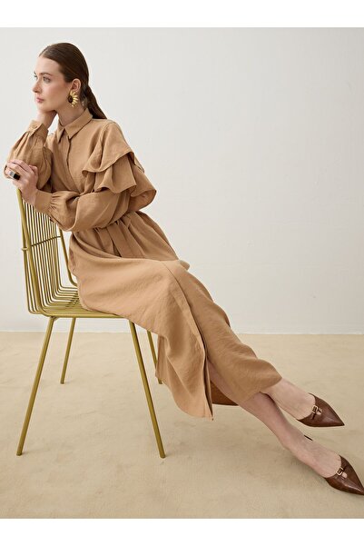 Refka Rochie Hijab cu curea și detalii volanate - Camel -