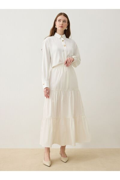 Refka Поли с еластична талия и детайли от поплин - бяла -