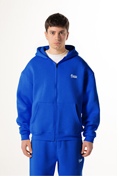 Flaw Wear Flaw Nakışlı Saks Mavi Zip Hoodie